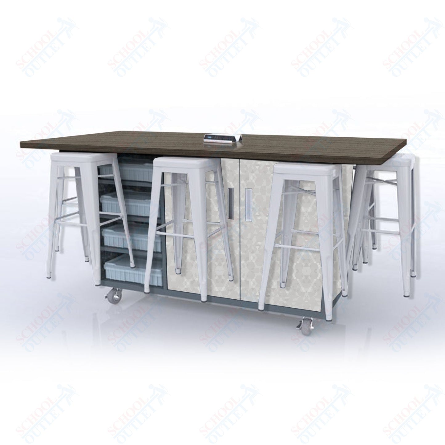 CEF ED8 Table 42"H High Pressure Laminate Top, Laminate Base with  8 Stools, Storage bins, and Electrical Outlets Included.