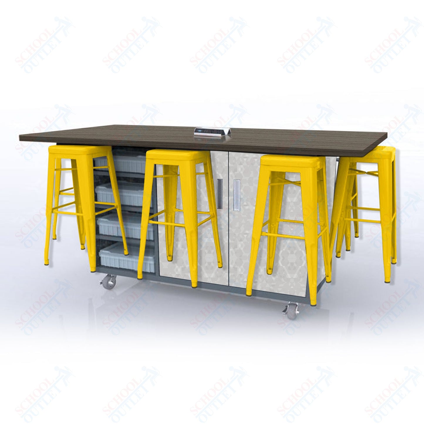 CEF ED8 Table 42"H High Pressure Laminate Top, Laminate Base with  8 Stools, Storage bins, and Electrical Outlets Included.