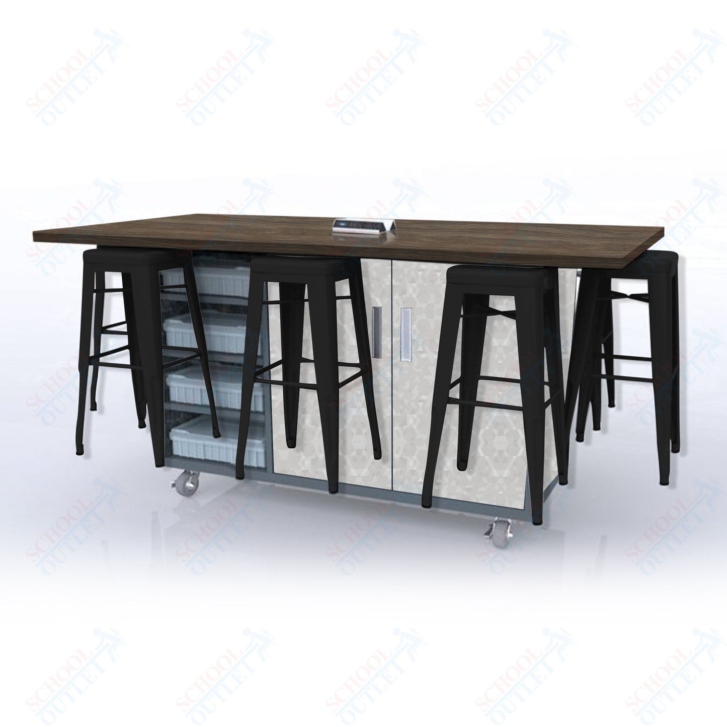 CEF ED8 Table 42"H High Pressure Laminate Top, Laminate Base with  8 Stools, Storage bins, and Electrical Outlets Included.