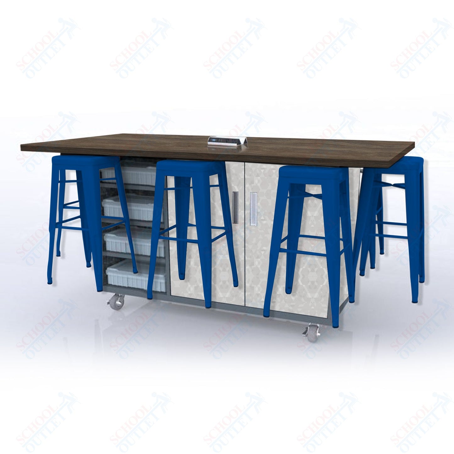 CEF ED8 Table 42"H High Pressure Laminate Top, Laminate Base with  8 Stools, Storage bins, and Electrical Outlets Included.