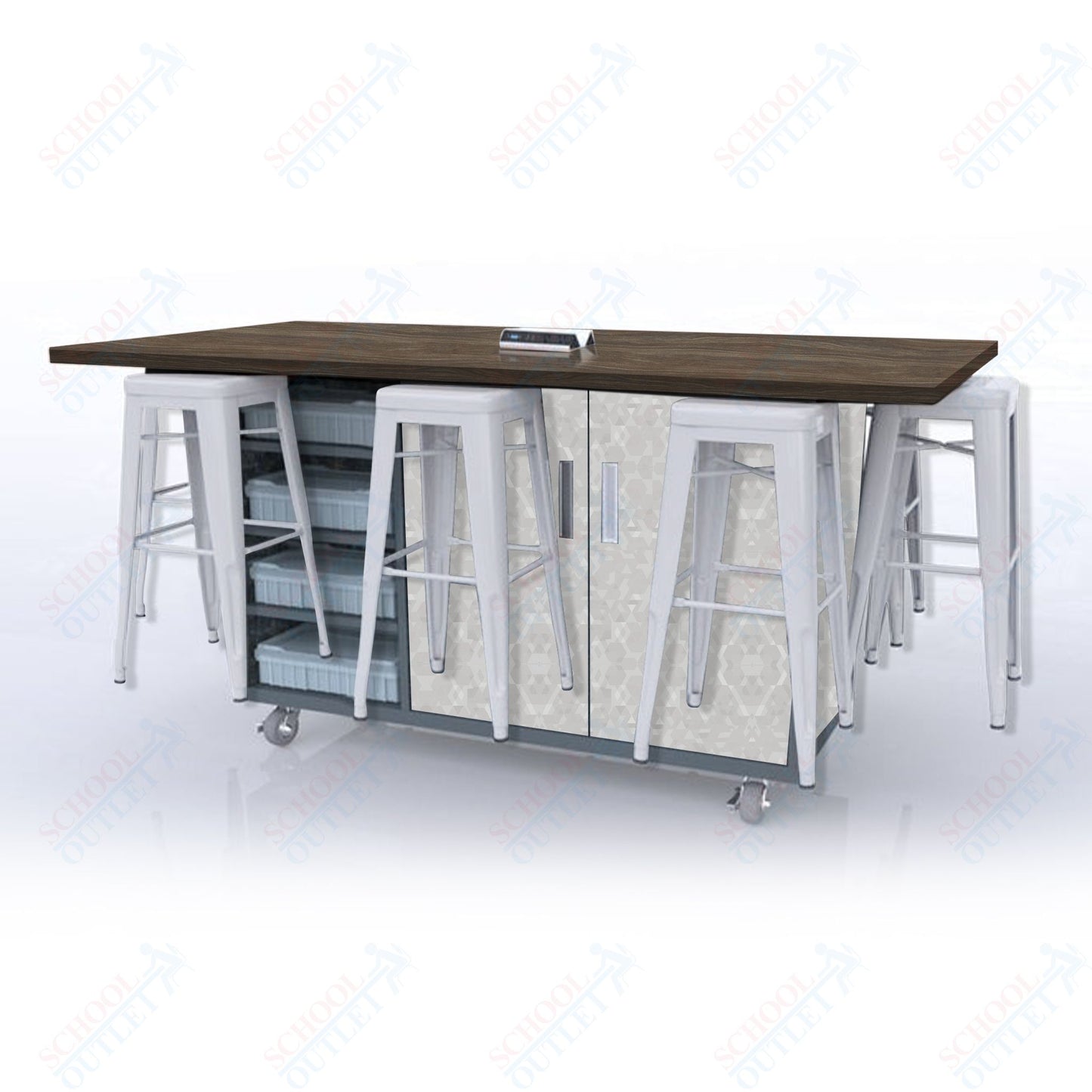 CEF ED8 Table 42"H High Pressure Laminate Top, Laminate Base with  8 Stools, Storage bins, and Electrical Outlets Included.