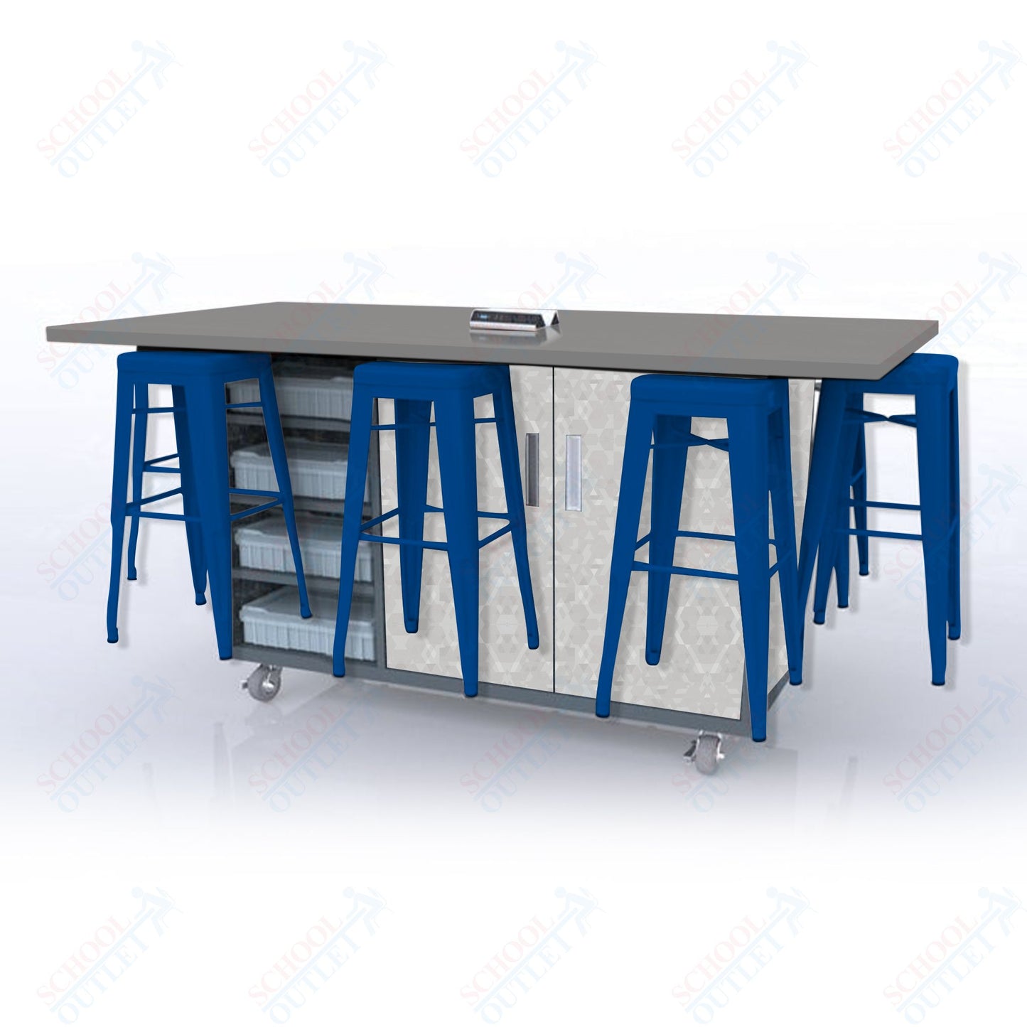 CEF ED8 Table 42"H High Pressure Laminate Top, Laminate Base with  8 Stools, Storage bins, and Electrical Outlets Included.