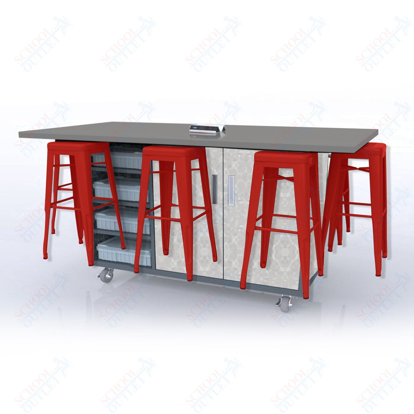 CEF ED8 Table 42"H High Pressure Laminate Top, Laminate Base with  8 Stools, Storage bins, and Electrical Outlets Included.