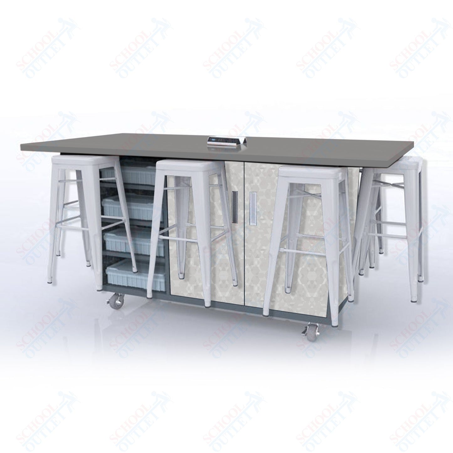 CEF ED8 Table 42"H High Pressure Laminate Top, Laminate Base with  8 Stools, Storage bins, and Electrical Outlets Included.