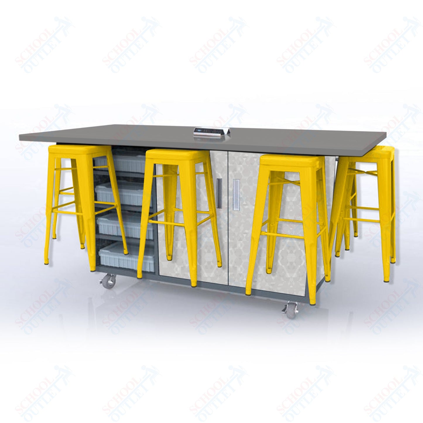 CEF ED8 Table 42"H High Pressure Laminate Top, Laminate Base with  8 Stools, Storage bins, and Electrical Outlets Included.
