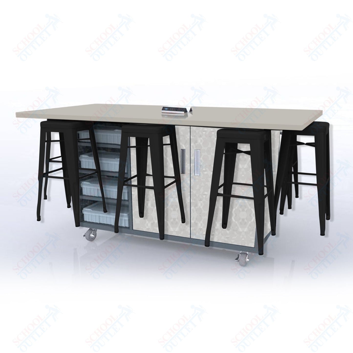 CEF ED8 Table 42"H High Pressure Laminate Top, Laminate Base with  8 Stools, Storage bins, and Electrical Outlets Included.
