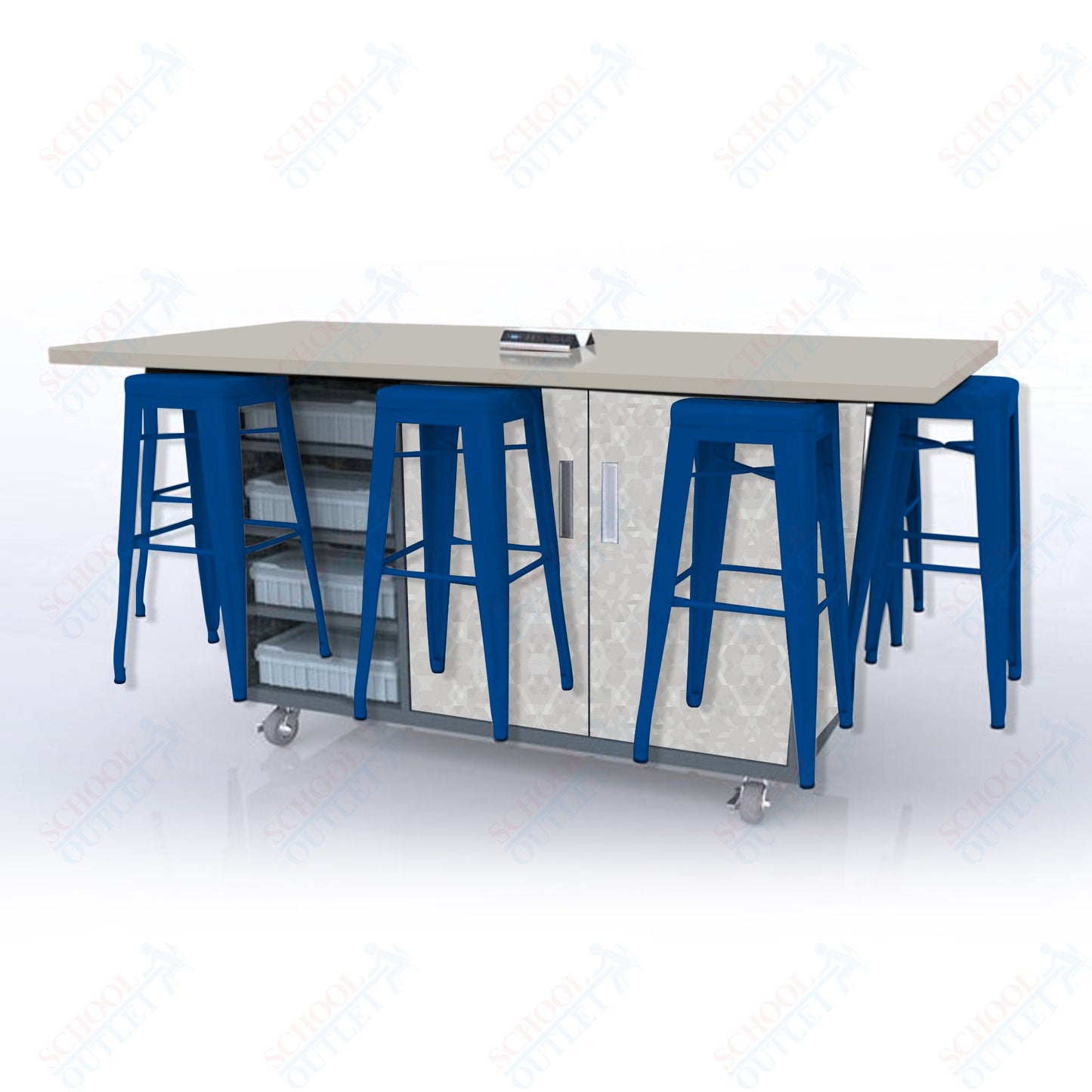 CEF ED8 Table 42"H High Pressure Laminate Top, Laminate Base with  8 Stools, Storage bins, and Electrical Outlets Included.