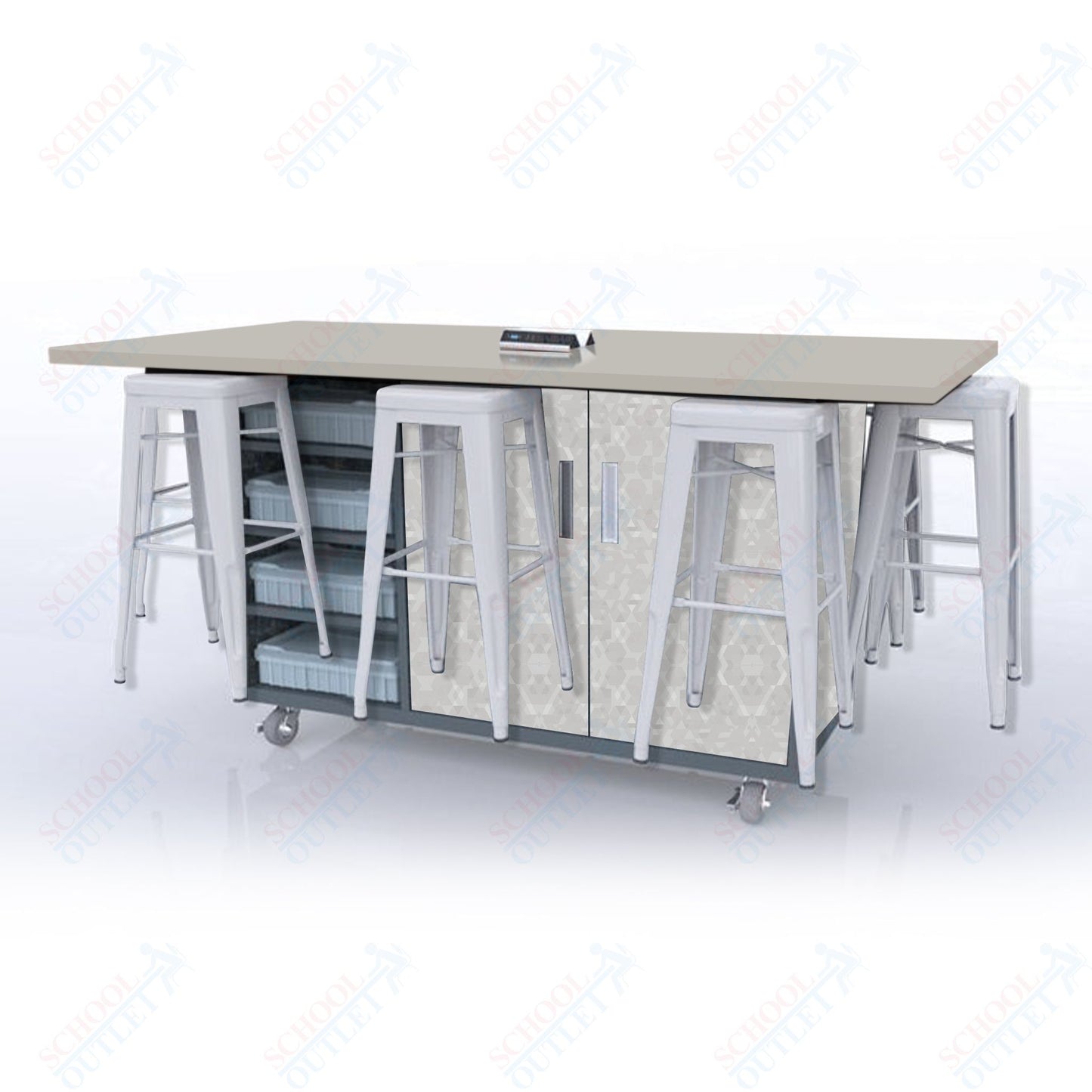 CEF ED8 Table 42"H High Pressure Laminate Top, Laminate Base with  8 Stools, Storage bins, and Electrical Outlets Included.