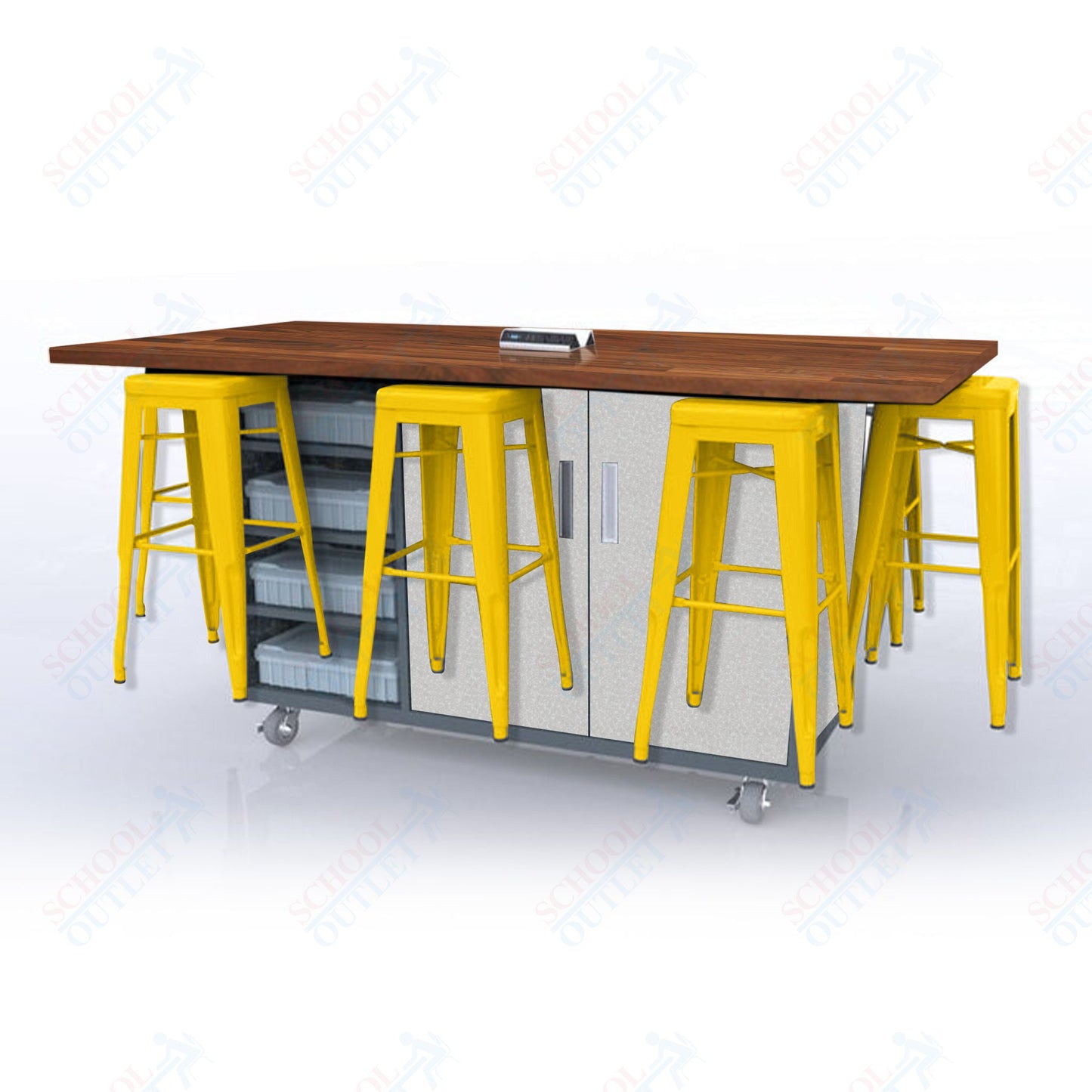 CEF ED8 Table 42"H Butcher Block Top, Laminate Base with 8 Stools, Storage bins, and Electrical Outlets Included.