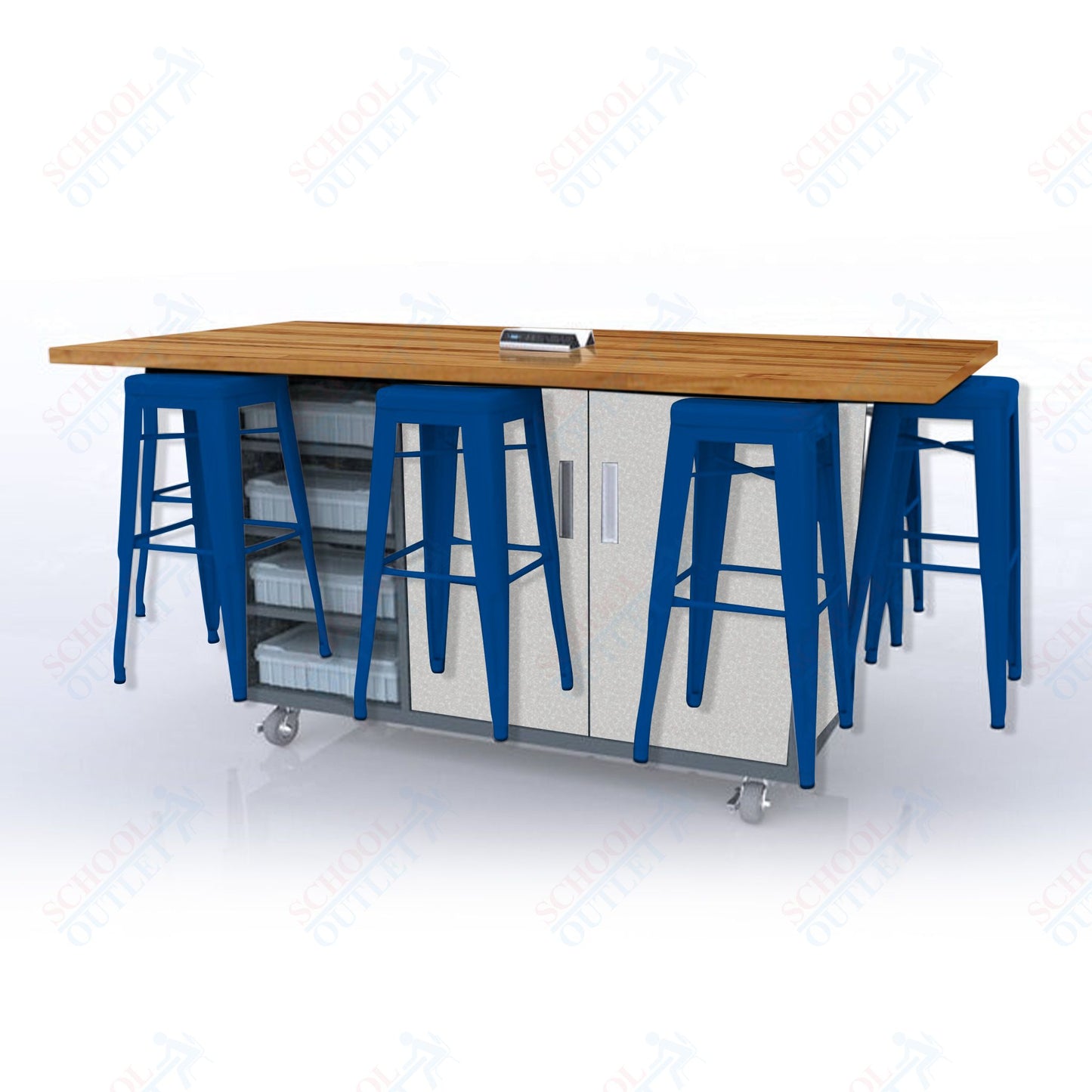 CEF ED8 Table 42"H Butcher Block Top, Laminate Base with 8 Stools, Storage bins, and Electrical Outlets Included.