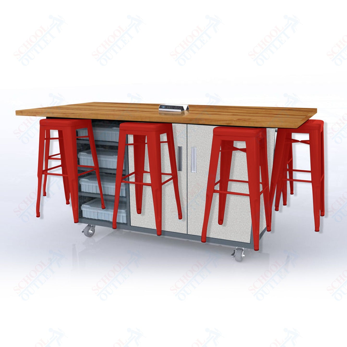 CEF ED8 Table 42"H Butcher Block Top, Laminate Base with 8 Stools, Storage bins, and Electrical Outlets Included.