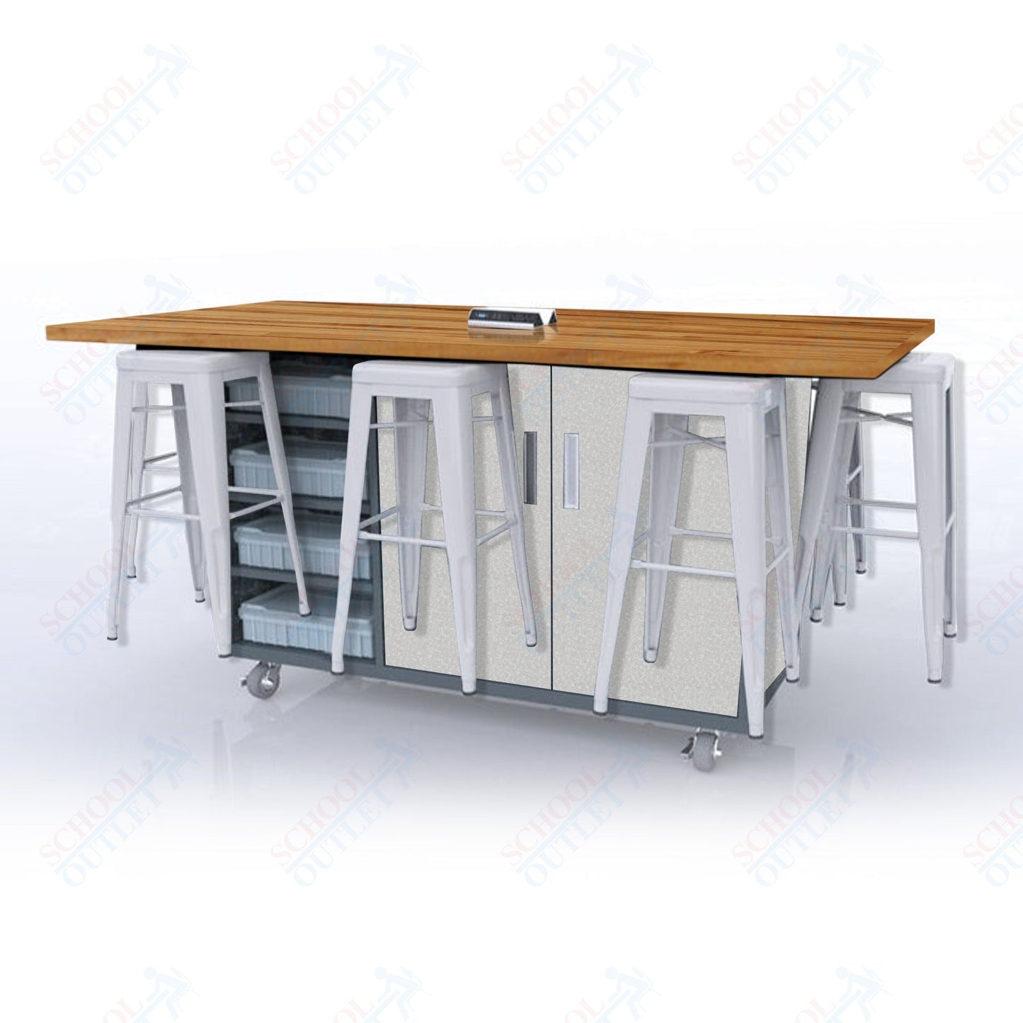 CEF ED8 Table 42"H Butcher Block Top, Laminate Base with 8 Stools, Storage bins, and Electrical Outlets Included.