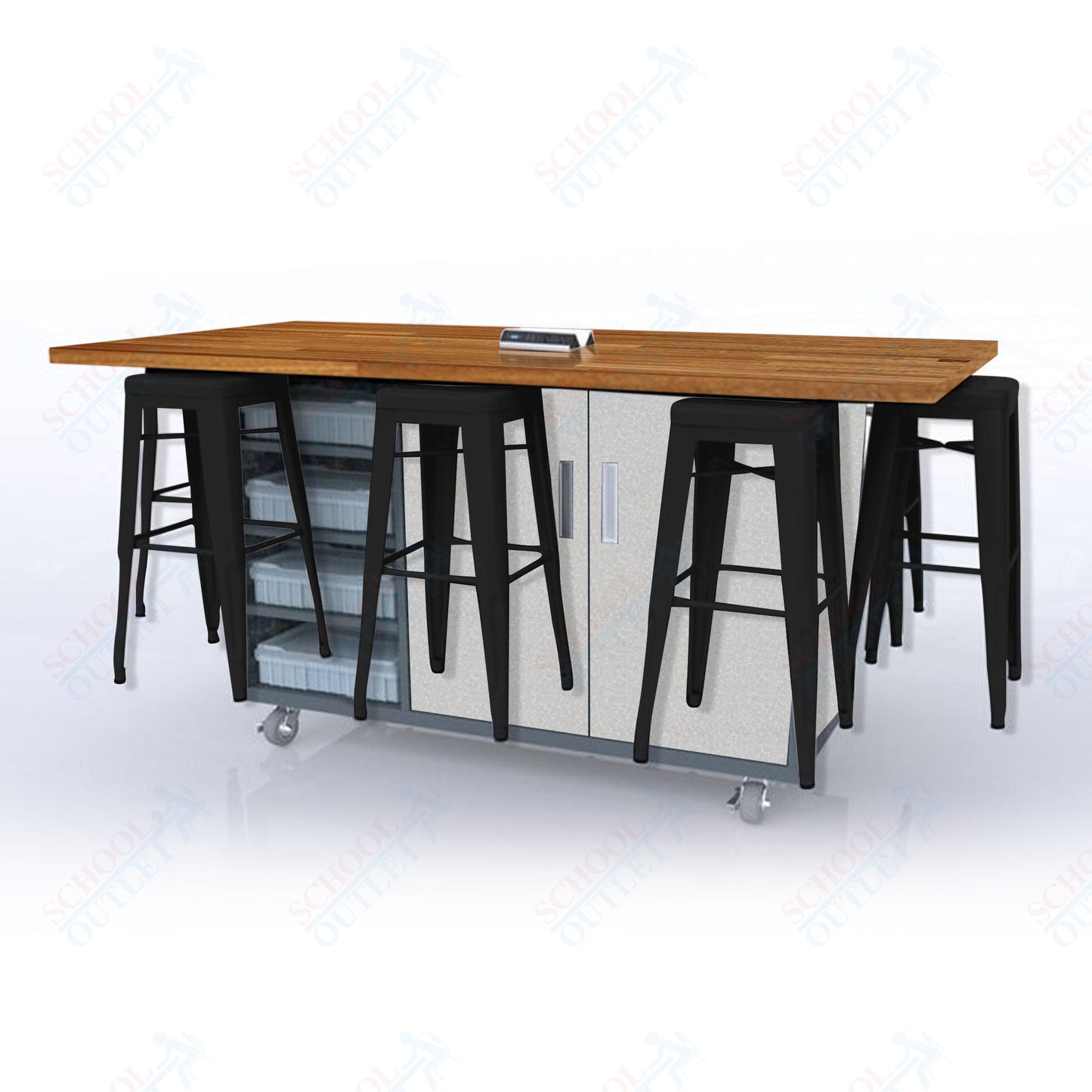 CEF ED8 Table 42"H Butcher Block Top, Laminate Base with 8 Stools, Storage bins, and Electrical Outlets Included.