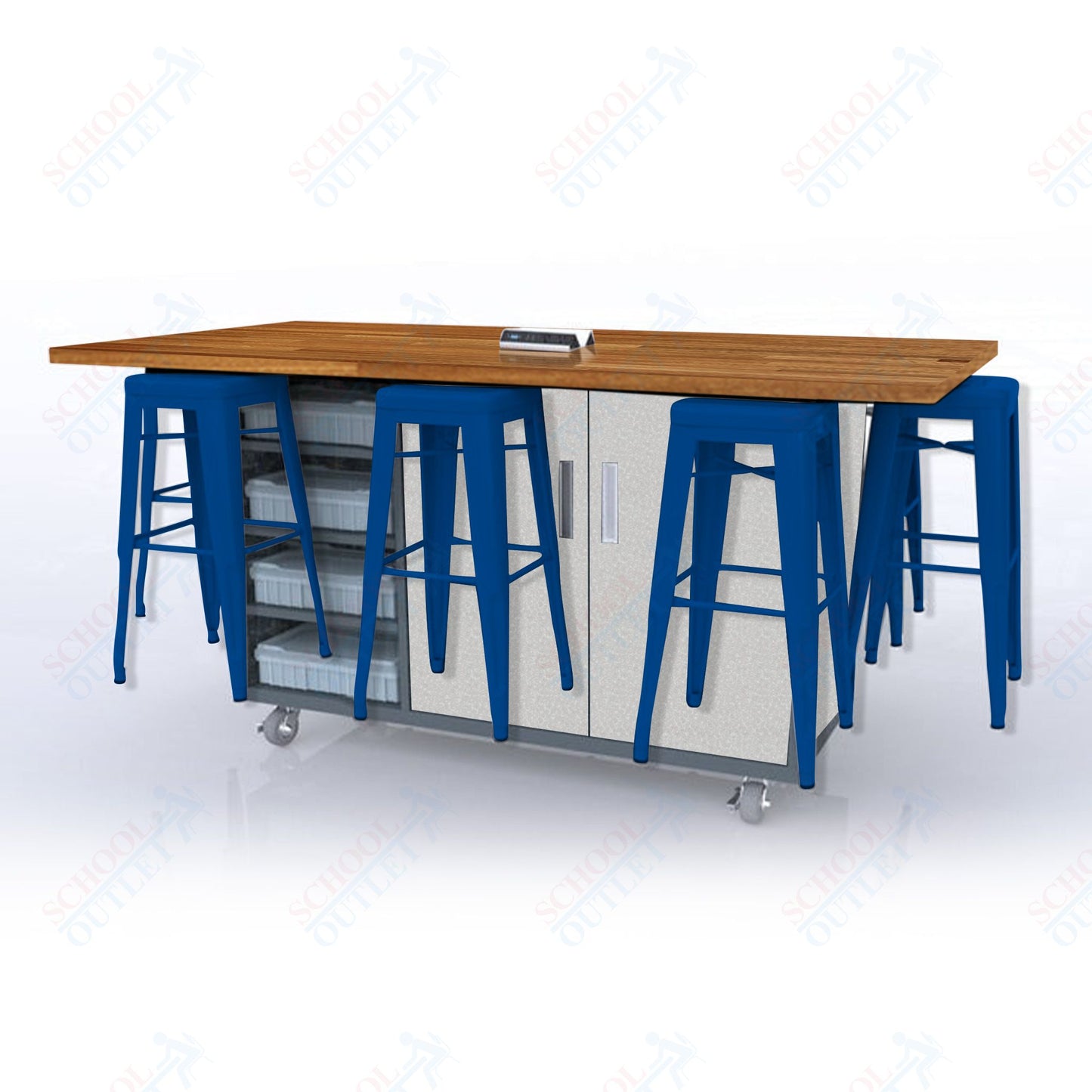 CEF ED8 Table 42"H Butcher Block Top, Laminate Base with 8 Stools, Storage bins, and Electrical Outlets Included.