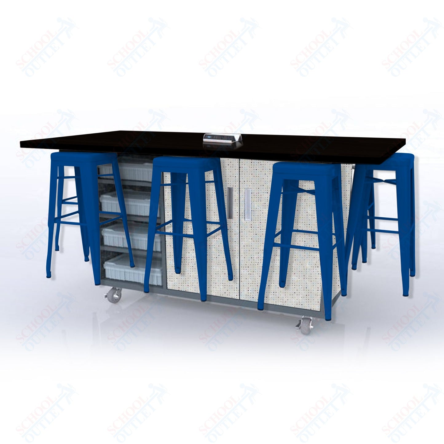 CEF ED8 Table 42"H High Pressure Laminate Top, Laminate Base with  8 Stools, Storage bins, and Electrical Outlets Included.