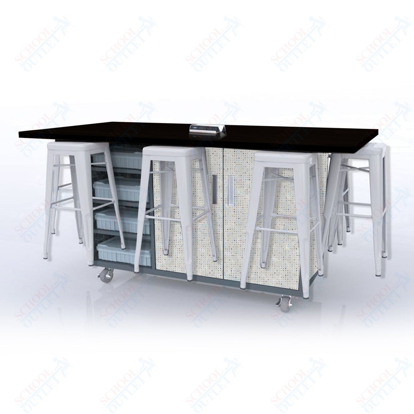 CEF ED8 Table 42"H High Pressure Laminate Top, Laminate Base with  8 Stools, Storage bins, and Electrical Outlets Included.