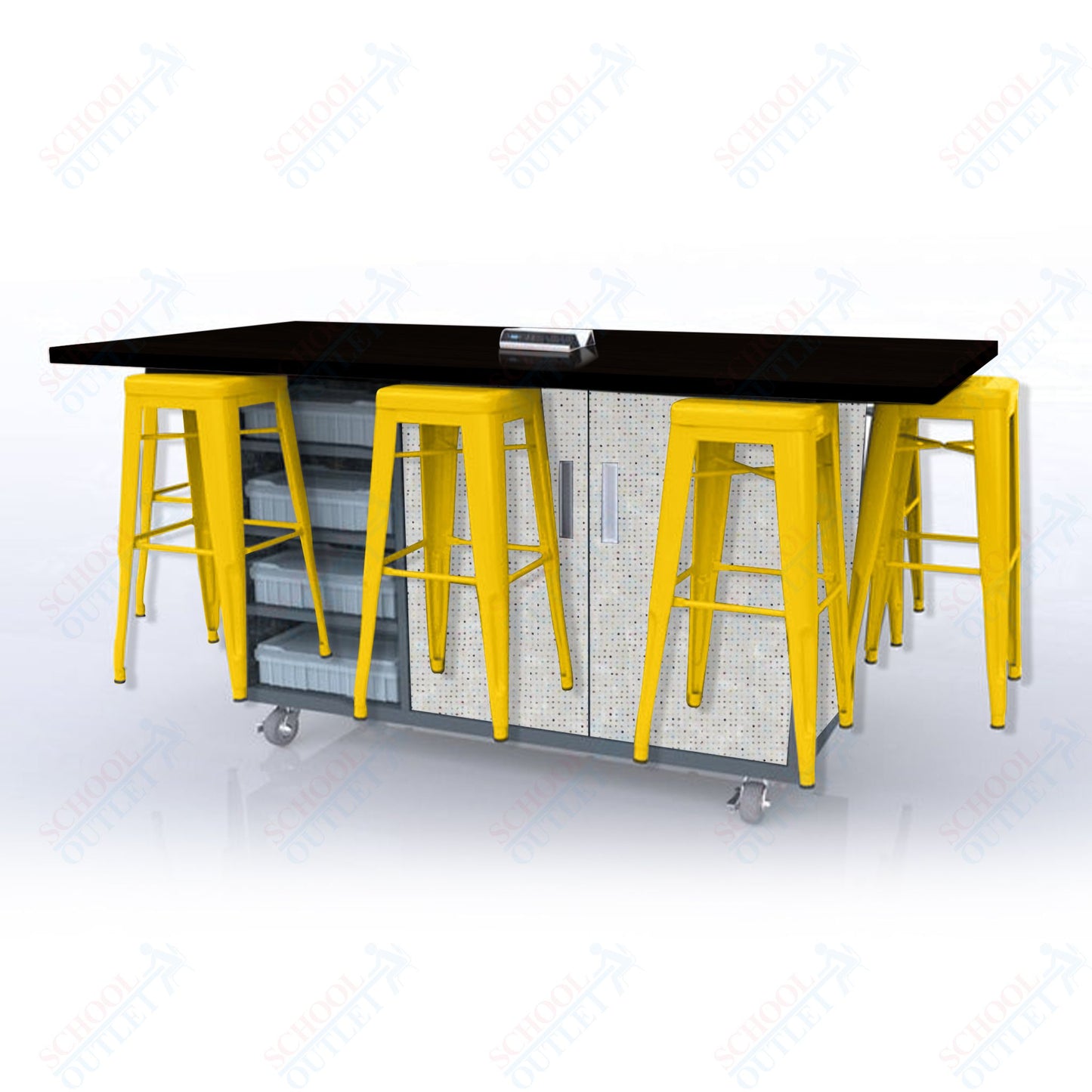 CEF ED8 Table 42"H High Pressure Laminate Top, Laminate Base with  8 Stools, Storage bins, and Electrical Outlets Included.