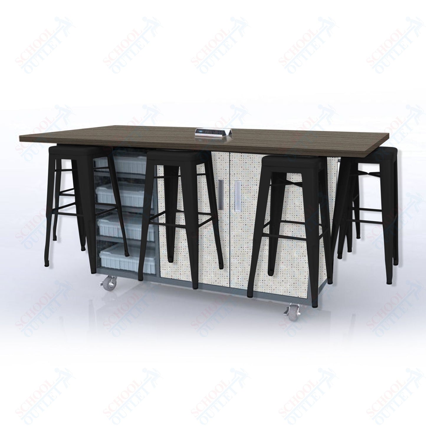 CEF ED8 Table 42"H High Pressure Laminate Top, Laminate Base with  8 Stools, Storage bins, and Electrical Outlets Included.