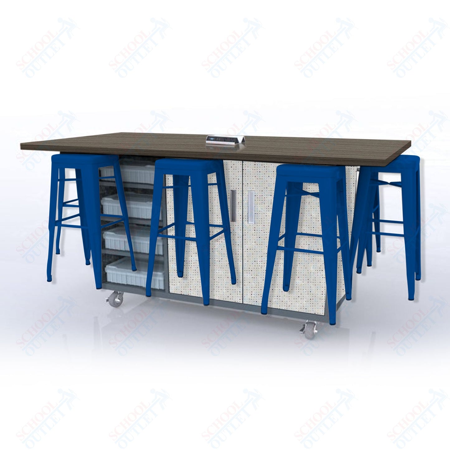 CEF ED8 Table 42"H High Pressure Laminate Top, Laminate Base with  8 Stools, Storage bins, and Electrical Outlets Included.