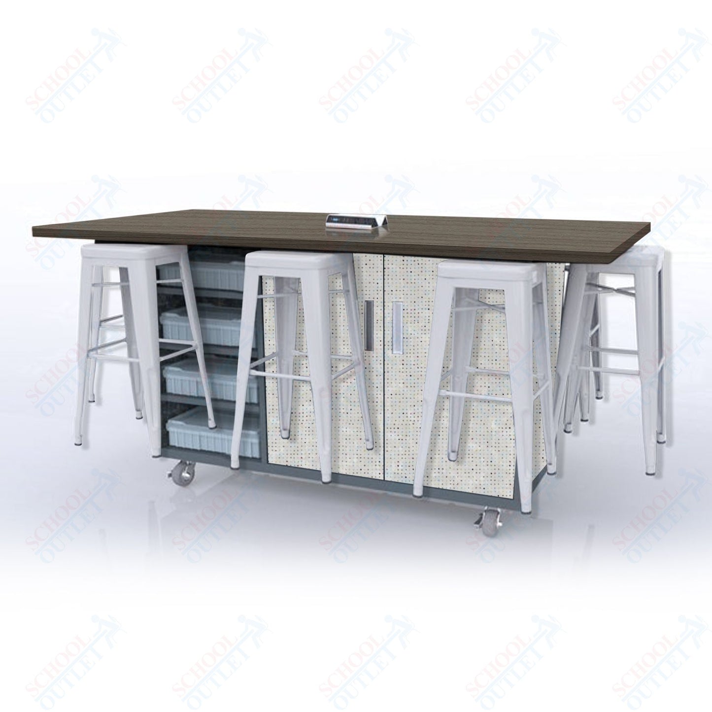 CEF ED8 Table 42"H High Pressure Laminate Top, Laminate Base with  8 Stools, Storage bins, and Electrical Outlets Included.