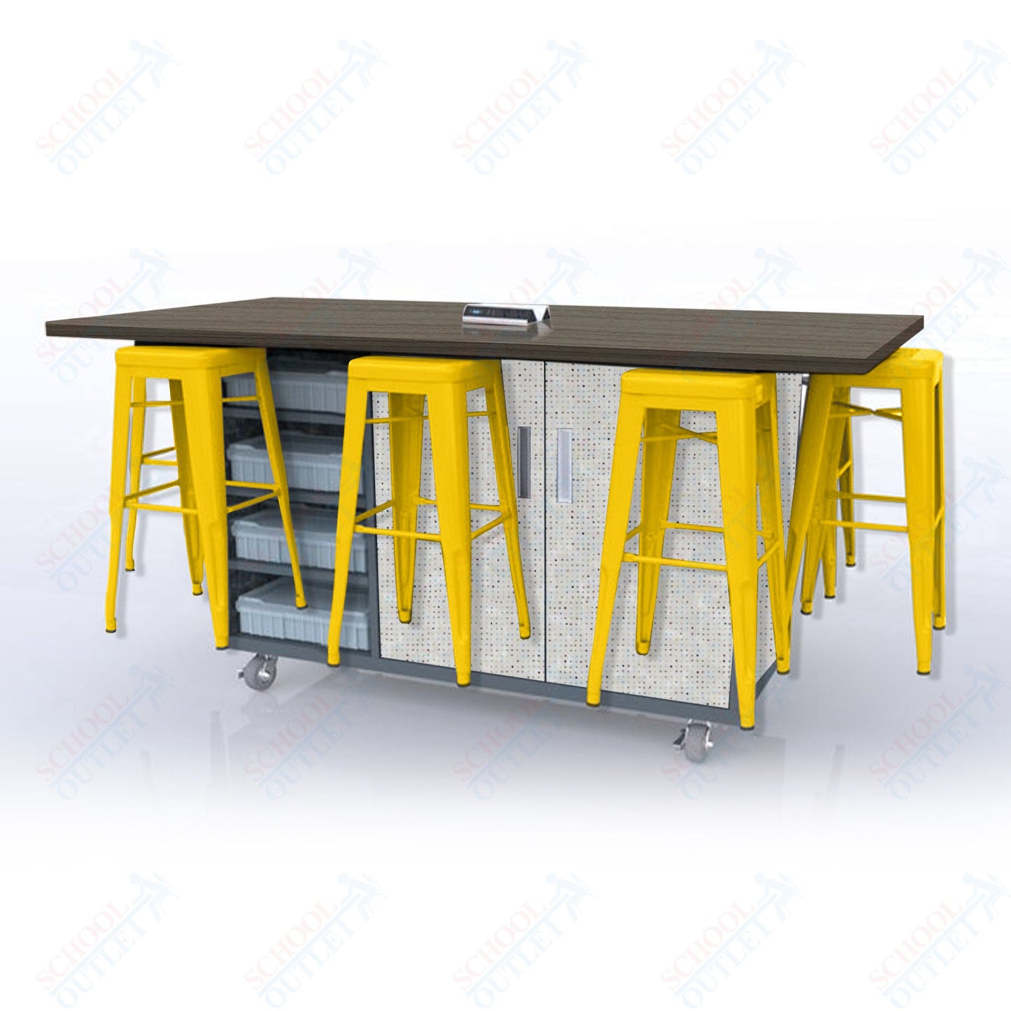 CEF ED8 Table 42"H High Pressure Laminate Top, Laminate Base with  8 Stools, Storage bins, and Electrical Outlets Included.