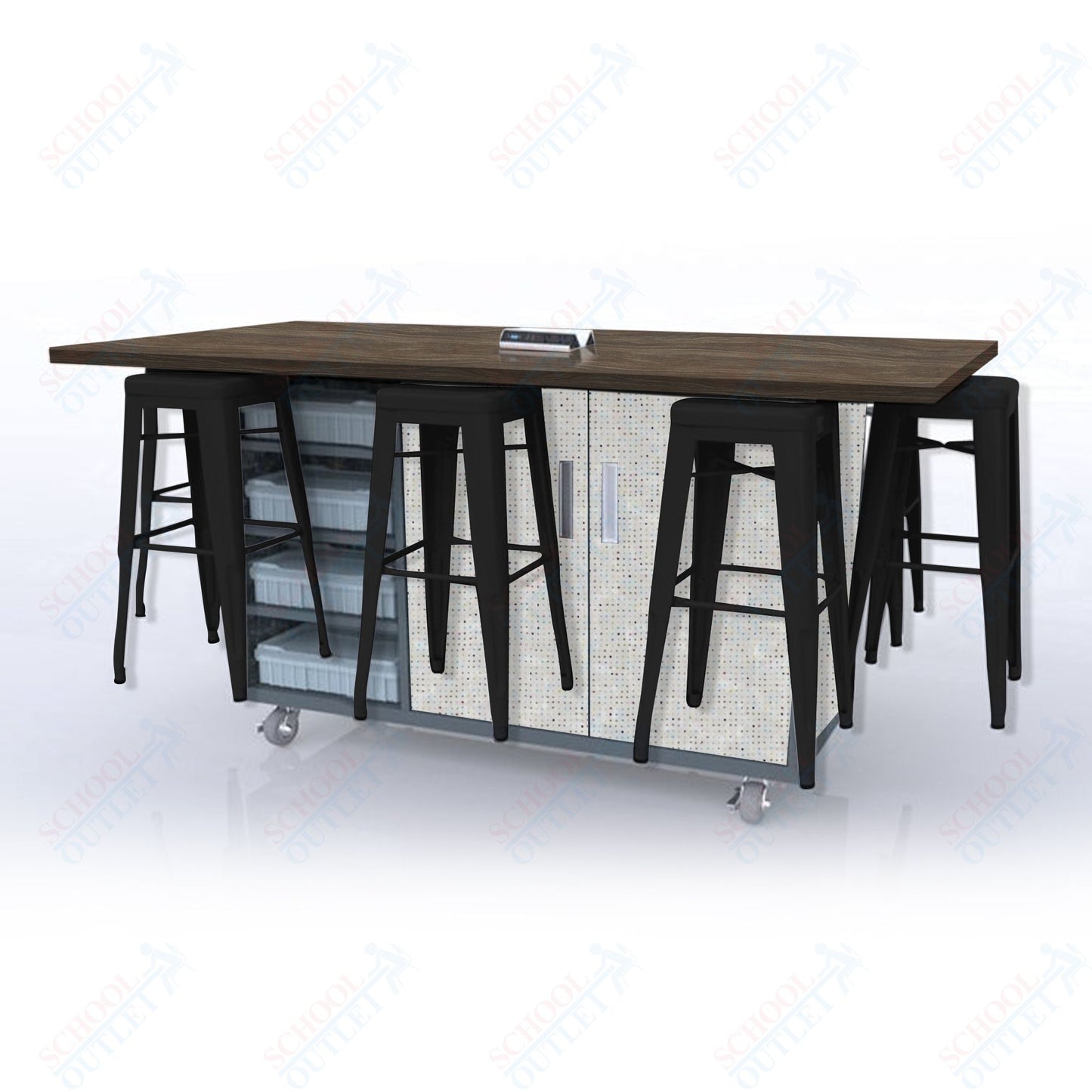 CEF ED8 Table 42"H High Pressure Laminate Top, Laminate Base with  8 Stools, Storage bins, and Electrical Outlets Included.
