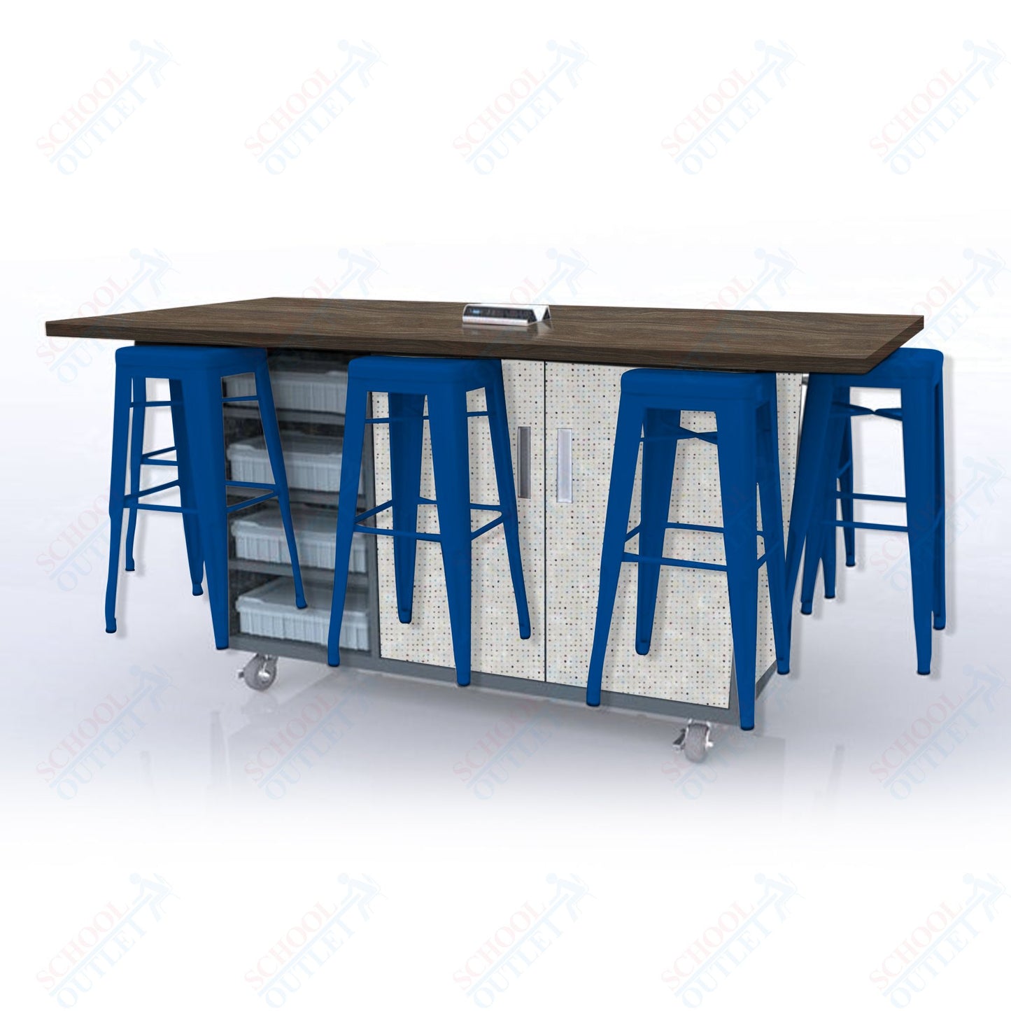 CEF ED8 Table 42"H High Pressure Laminate Top, Laminate Base with  8 Stools, Storage bins, and Electrical Outlets Included.