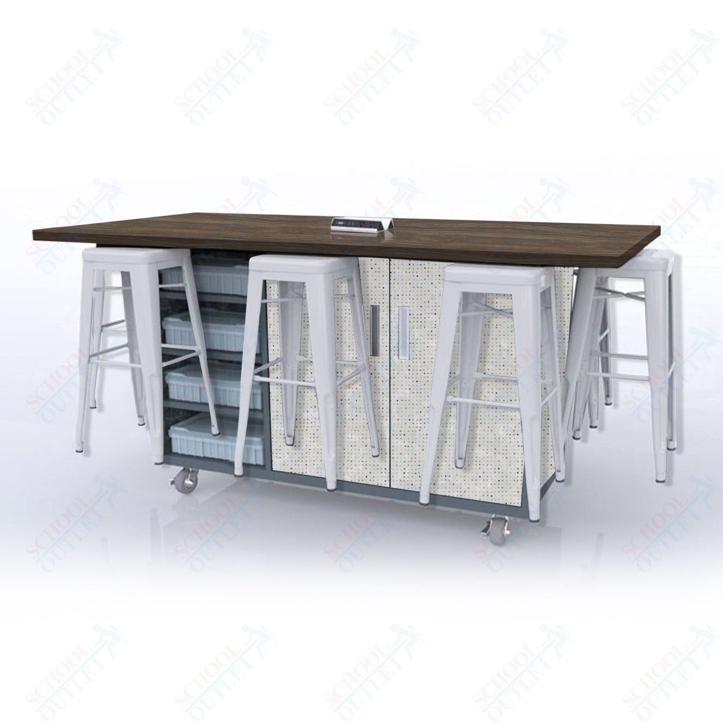 CEF ED8 Table 42"H High Pressure Laminate Top, Laminate Base with  8 Stools, Storage bins, and Electrical Outlets Included.