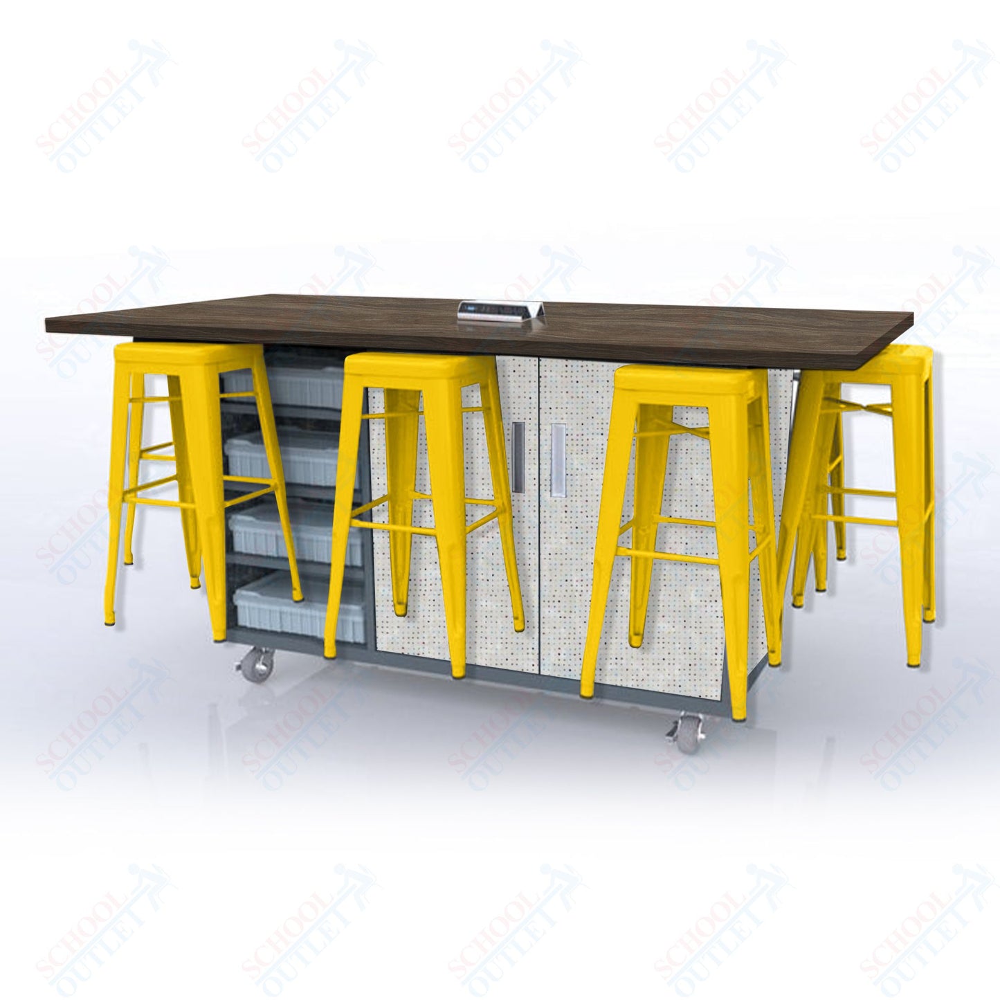 CEF ED8 Table 42"H High Pressure Laminate Top, Laminate Base with  8 Stools, Storage bins, and Electrical Outlets Included.