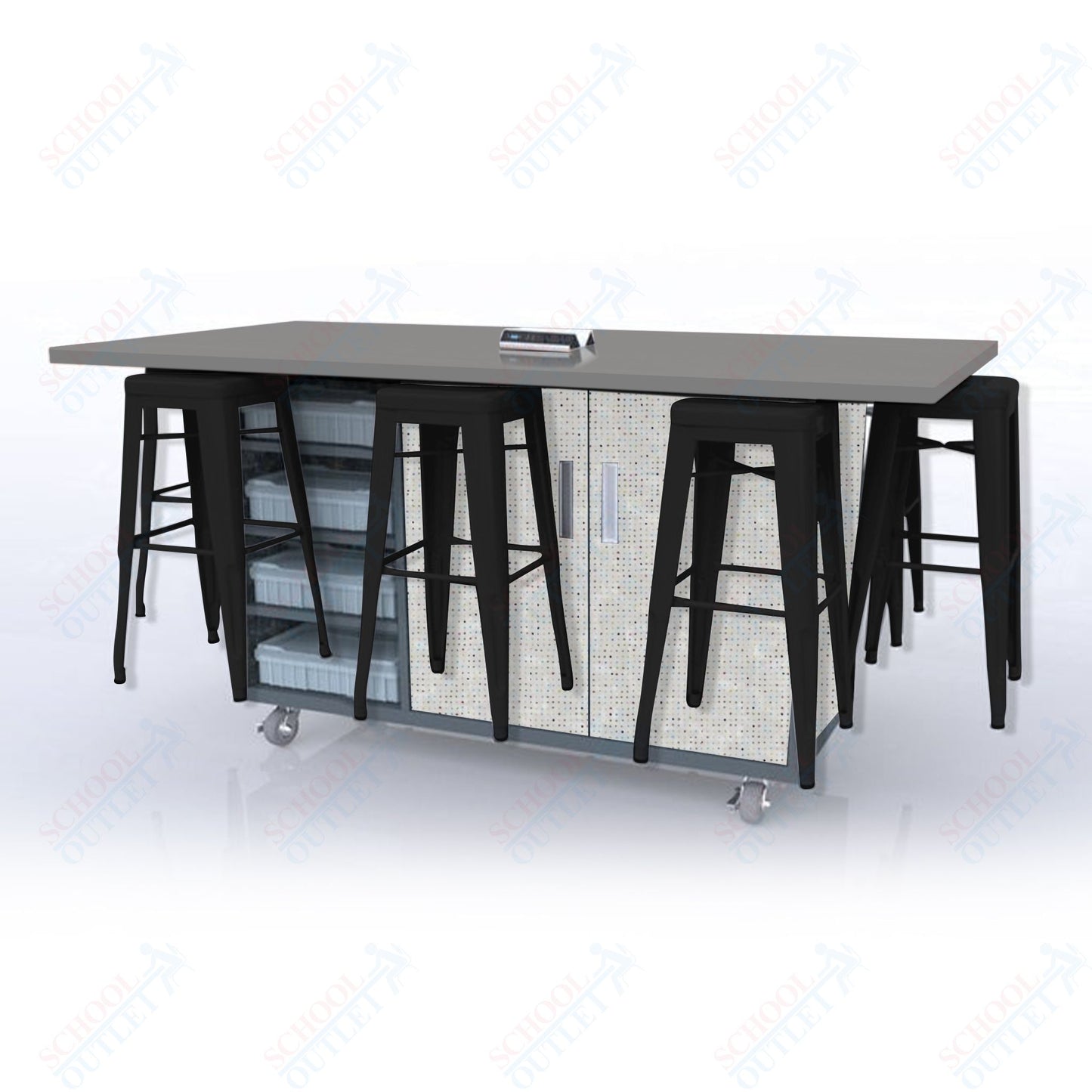 CEF ED8 Table 42"H High Pressure Laminate Top, Laminate Base with  8 Stools, Storage bins, and Electrical Outlets Included.