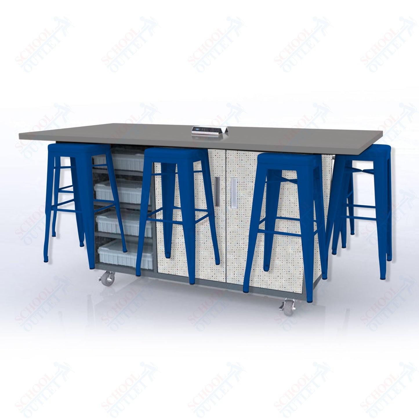 CEF ED8 Table 42"H High Pressure Laminate Top, Laminate Base with  8 Stools, Storage bins, and Electrical Outlets Included.