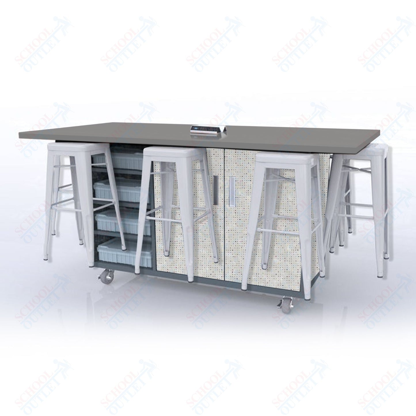 CEF ED8 Table 42"H High Pressure Laminate Top, Laminate Base with  8 Stools, Storage bins, and Electrical Outlets Included.