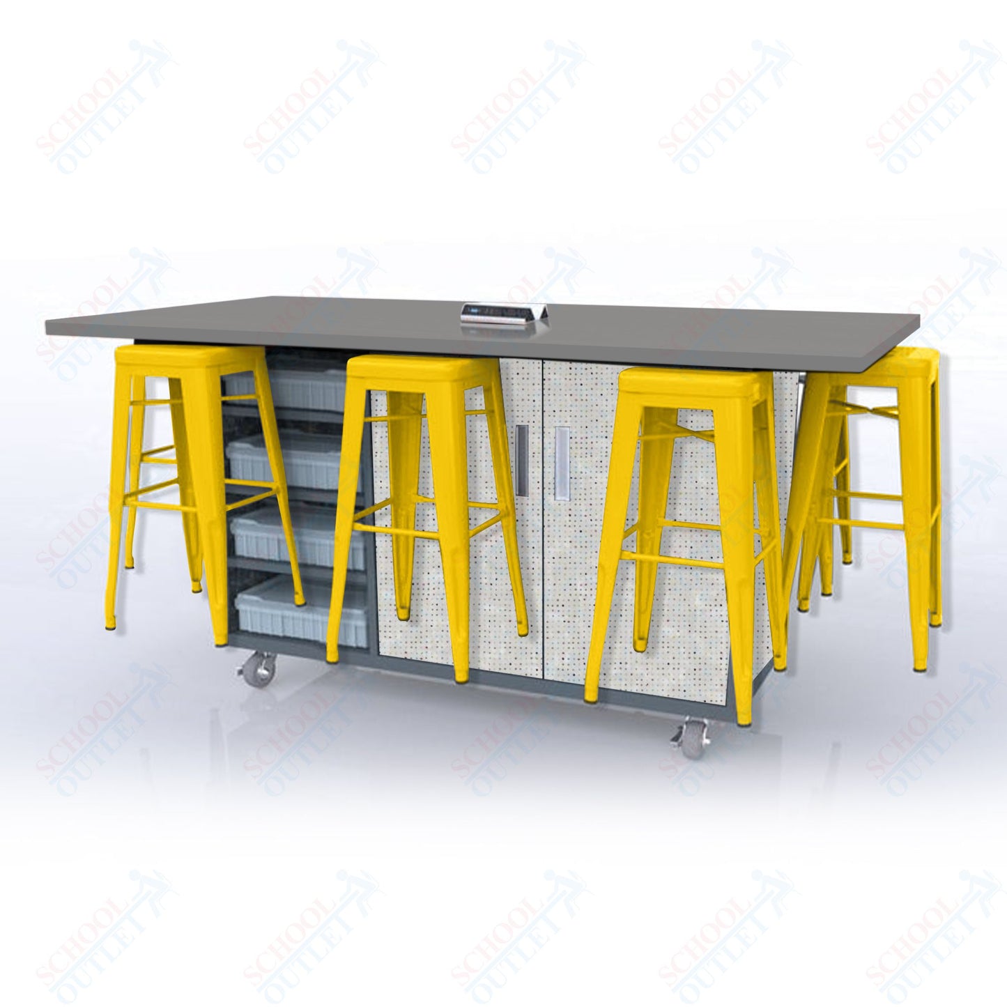 CEF ED8 Table 42"H High Pressure Laminate Top, Laminate Base with  8 Stools, Storage bins, and Electrical Outlets Included.