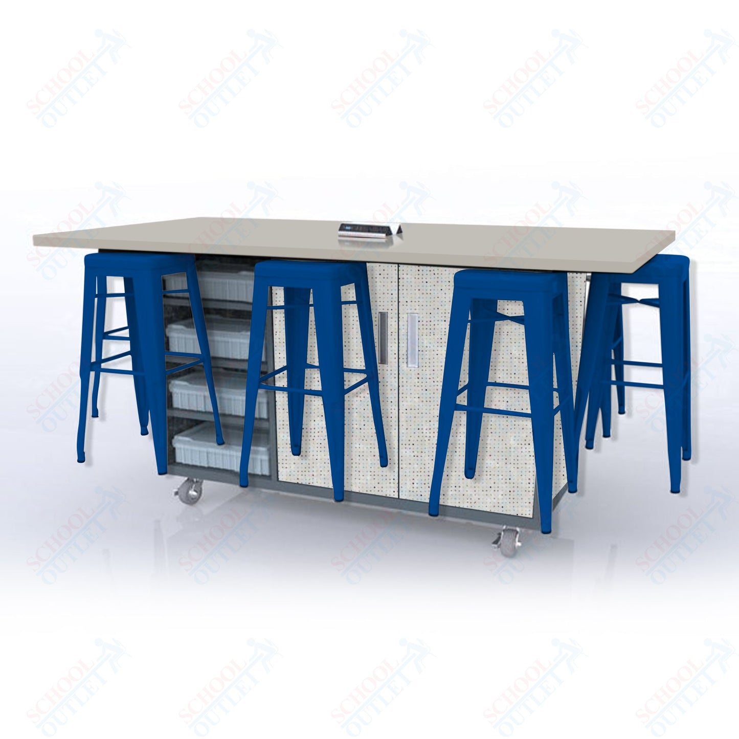 CEF ED8 Table 42"H High Pressure Laminate Top, Laminate Base with  8 Stools, Storage bins, and Electrical Outlets Included.