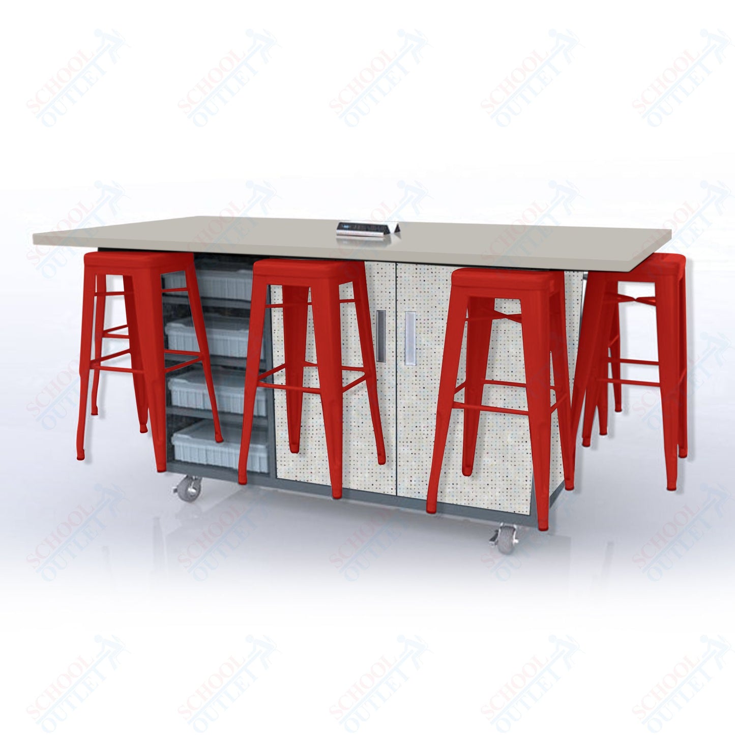 CEF ED8 Table 42"H High Pressure Laminate Top, Laminate Base with  8 Stools, Storage bins, and Electrical Outlets Included.