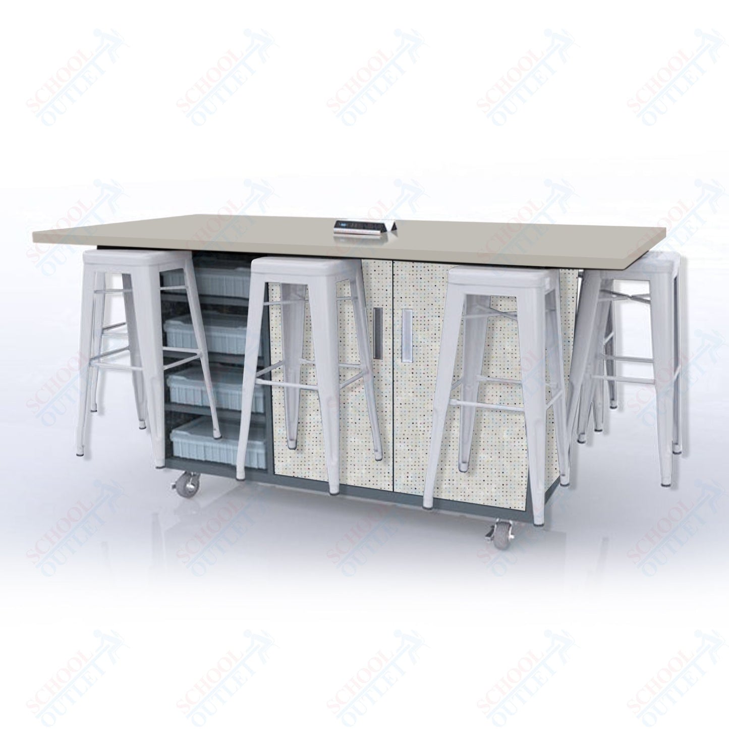 CEF ED8 Table 42"H High Pressure Laminate Top, Laminate Base with  8 Stools, Storage bins, and Electrical Outlets Included.