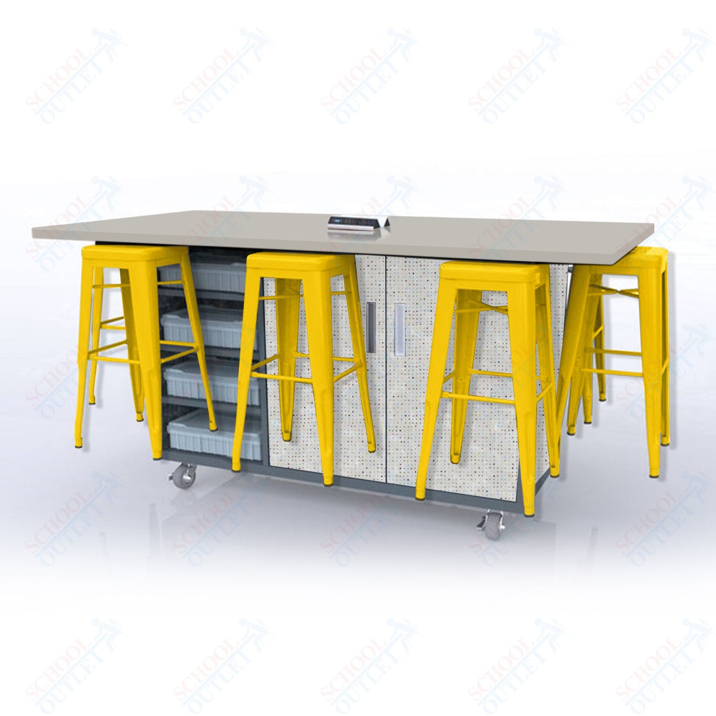 CEF ED8 Table 42"H High Pressure Laminate Top, Laminate Base with  8 Stools, Storage bins, and Electrical Outlets Included.