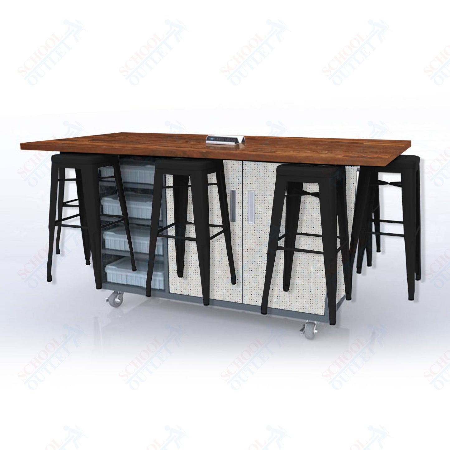 CEF ED8 Table 42"H Butcher Block Top, Laminate Base with 8 Stools, Storage bins, and Electrical Outlets Included.