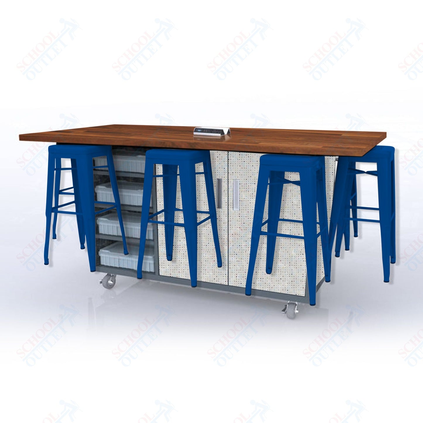CEF ED8 Table 42"H Butcher Block Top, Laminate Base with 8 Stools, Storage bins, and Electrical Outlets Included.