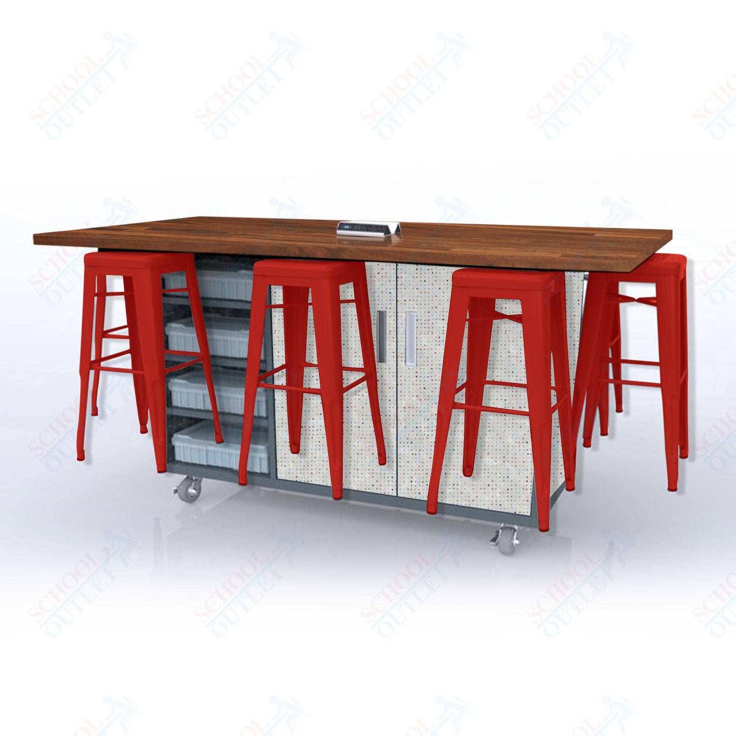 CEF ED8 Table 42"H Butcher Block Top, Laminate Base with 8 Stools, Storage bins, and Electrical Outlets Included.