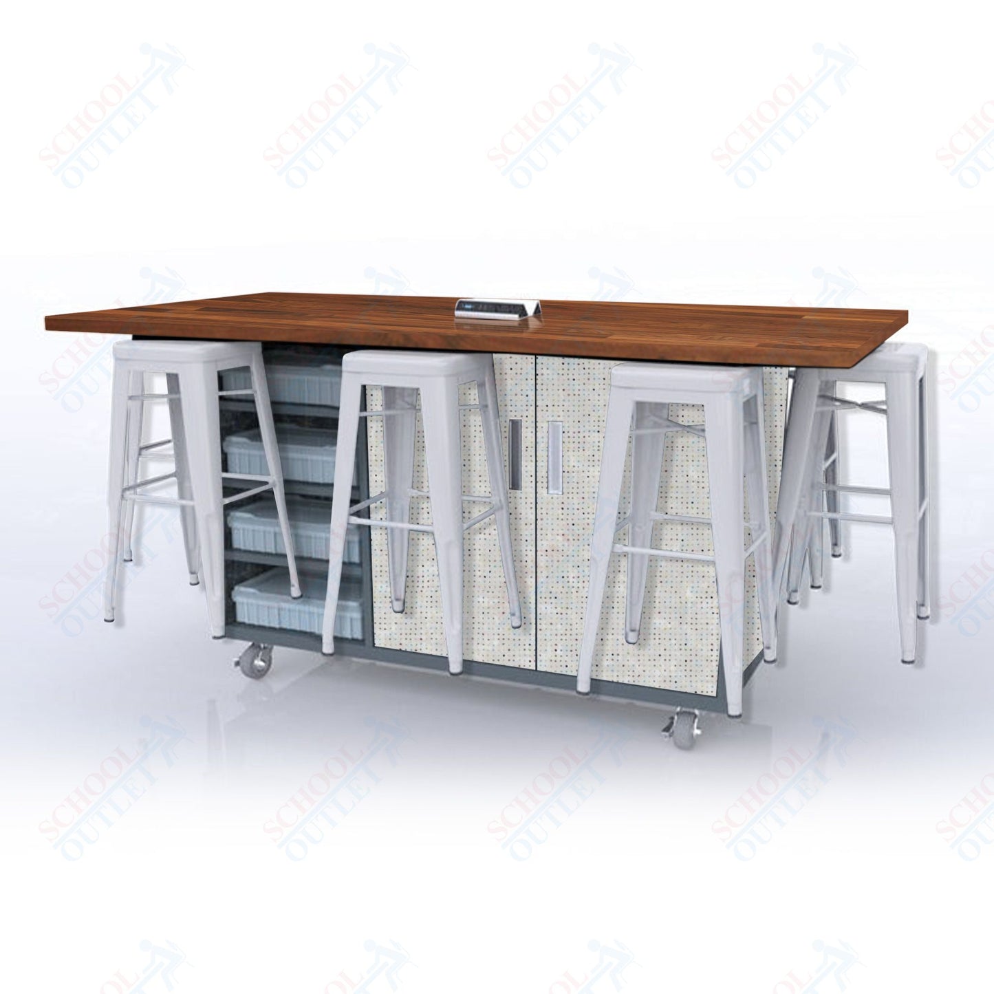 CEF ED8 Table 42"H Butcher Block Top, Laminate Base with 8 Stools, Storage bins, and Electrical Outlets Included.
