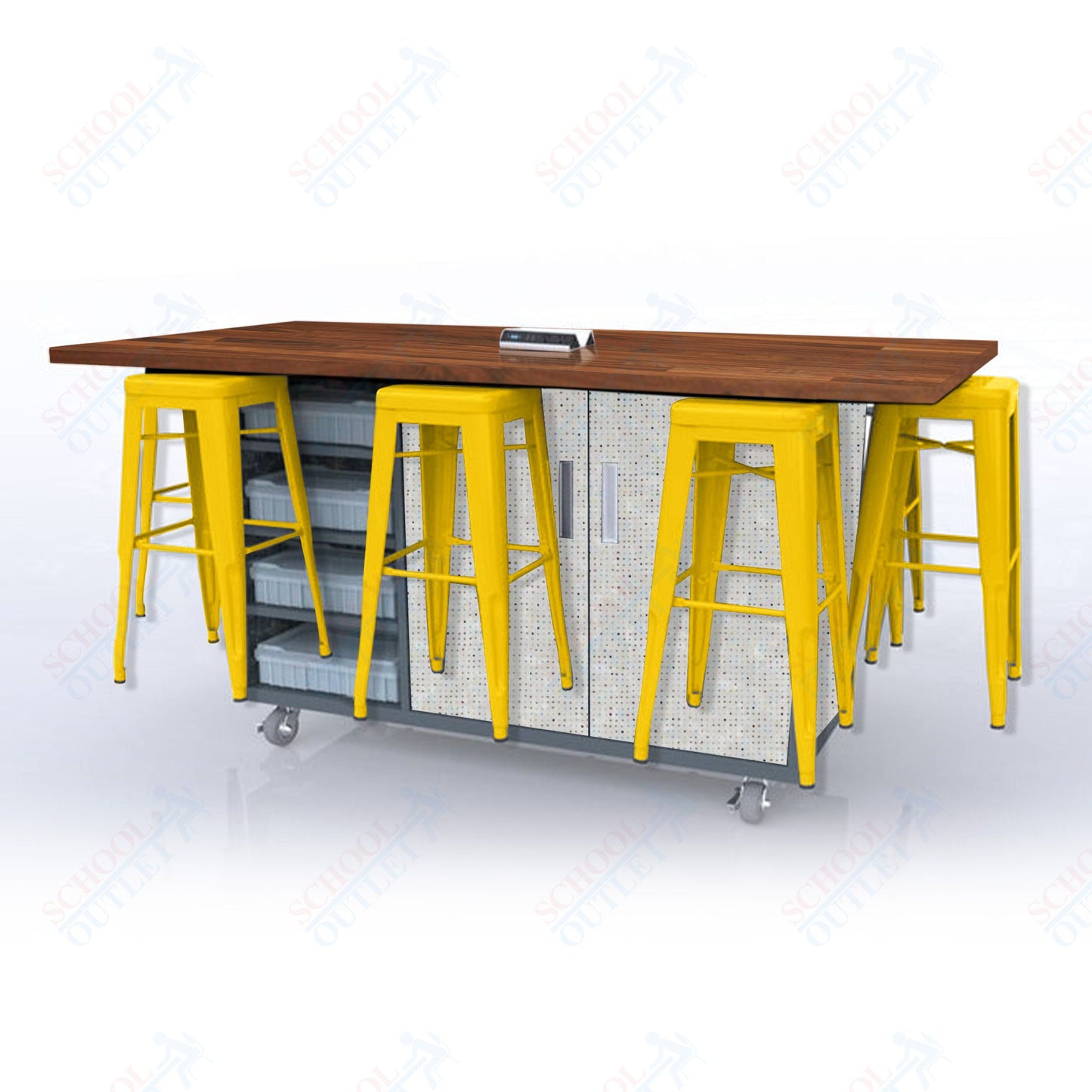 CEF ED8 Table 42"H Butcher Block Top, Laminate Base with 8 Stools, Storage bins, and Electrical Outlets Included.