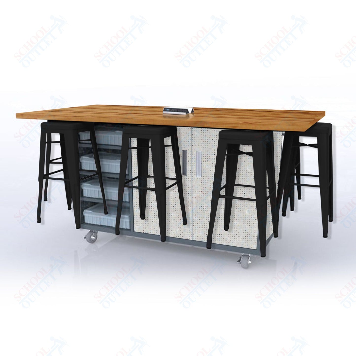 CEF ED8 Table 42"H Butcher Block Top, Laminate Base with 8 Stools, Storage bins, and Electrical Outlets Included.