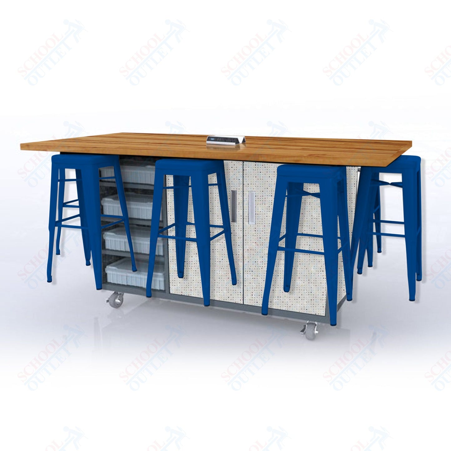 CEF ED8 Table 42"H Butcher Block Top, Laminate Base with 8 Stools, Storage bins, and Electrical Outlets Included.