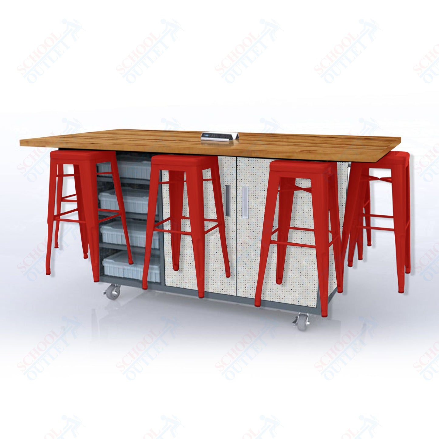 CEF ED8 Table 42"H Butcher Block Top, Laminate Base with 8 Stools, Storage bins, and Electrical Outlets Included.