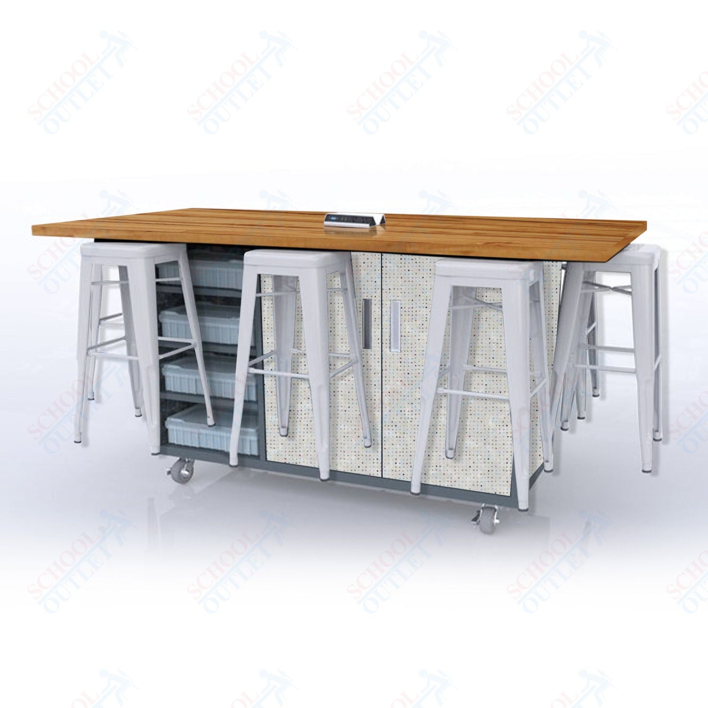 CEF ED8 Table 42"H Butcher Block Top, Laminate Base with 8 Stools, Storage bins, and Electrical Outlets Included.