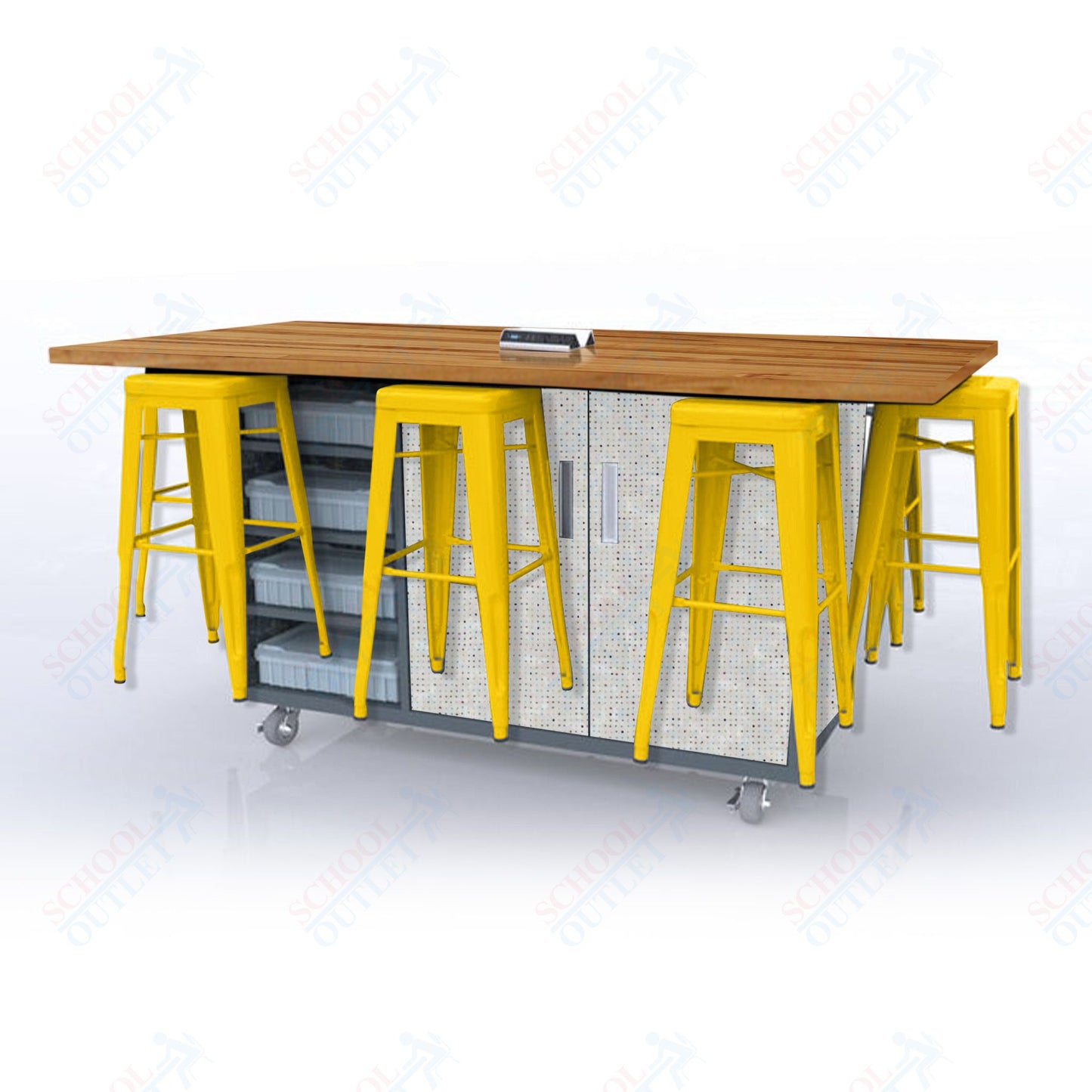 CEF ED8 Table 42"H Butcher Block Top, Laminate Base with 8 Stools, Storage bins, and Electrical Outlets Included.