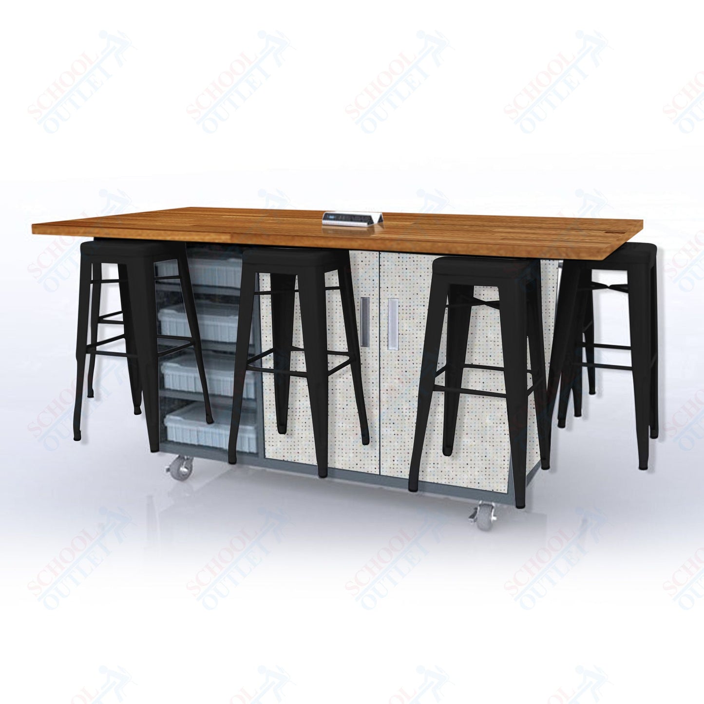 CEF ED8 Table 42"H Butcher Block Top, Laminate Base with 8 Stools, Storage bins, and Electrical Outlets Included.