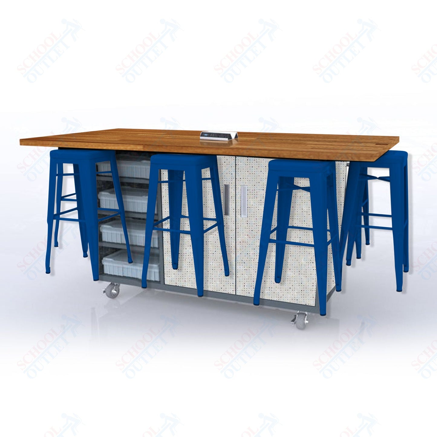 CEF ED8 Table 42"H Butcher Block Top, Laminate Base with 8 Stools, Storage bins, and Electrical Outlets Included.