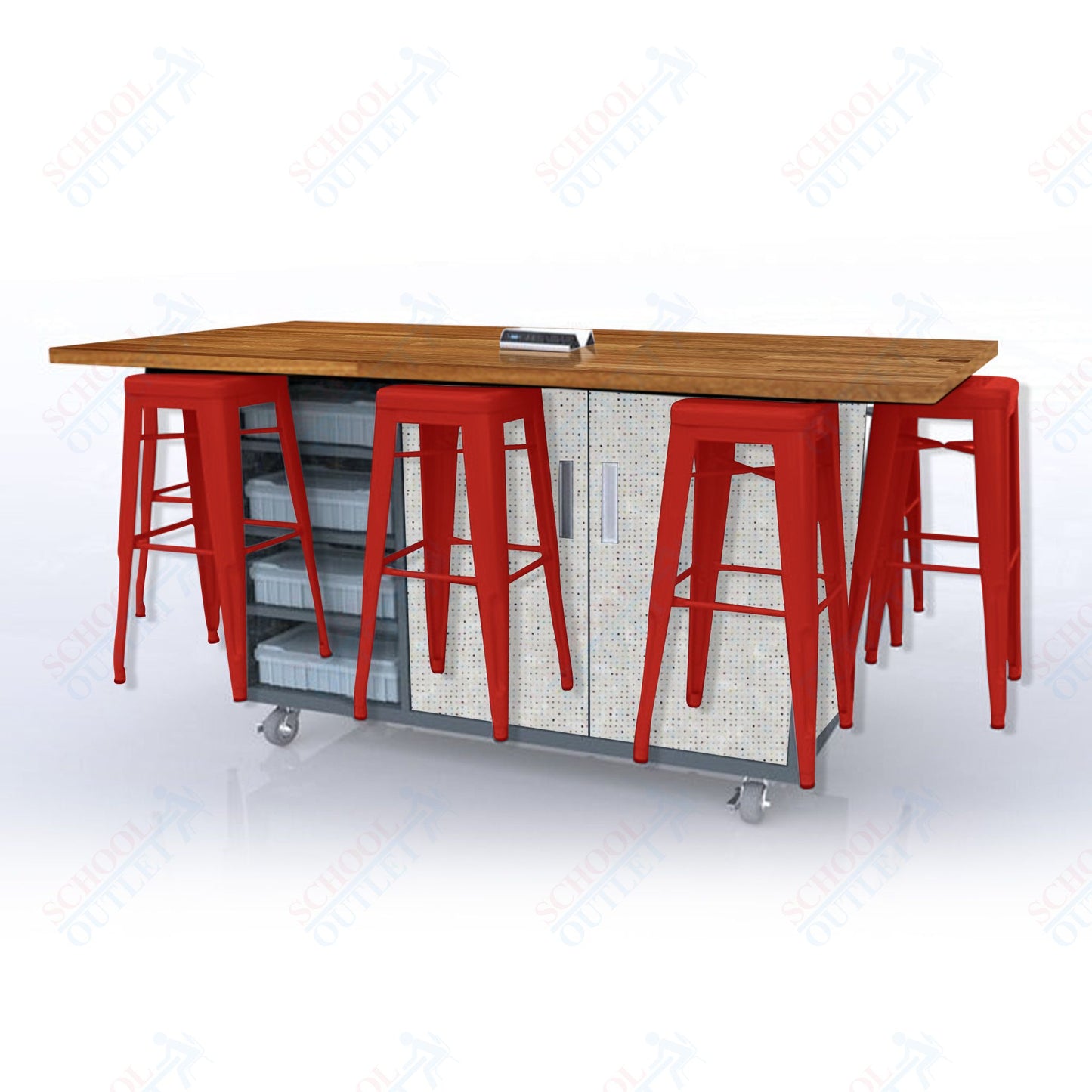 CEF ED8 Table 42"H Butcher Block Top, Laminate Base with 8 Stools, Storage bins, and Electrical Outlets Included.